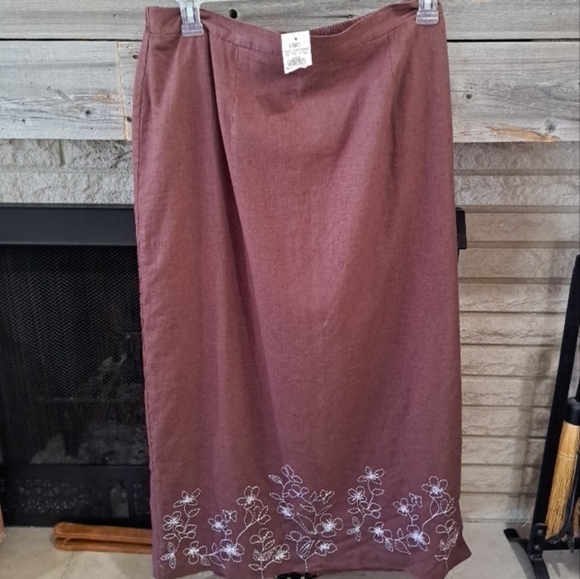 Cato Women's Linen Blend Maxi Skirt Pull On Waist Brown Embroidered 16W NEW Tags - Picture 1 of 9
